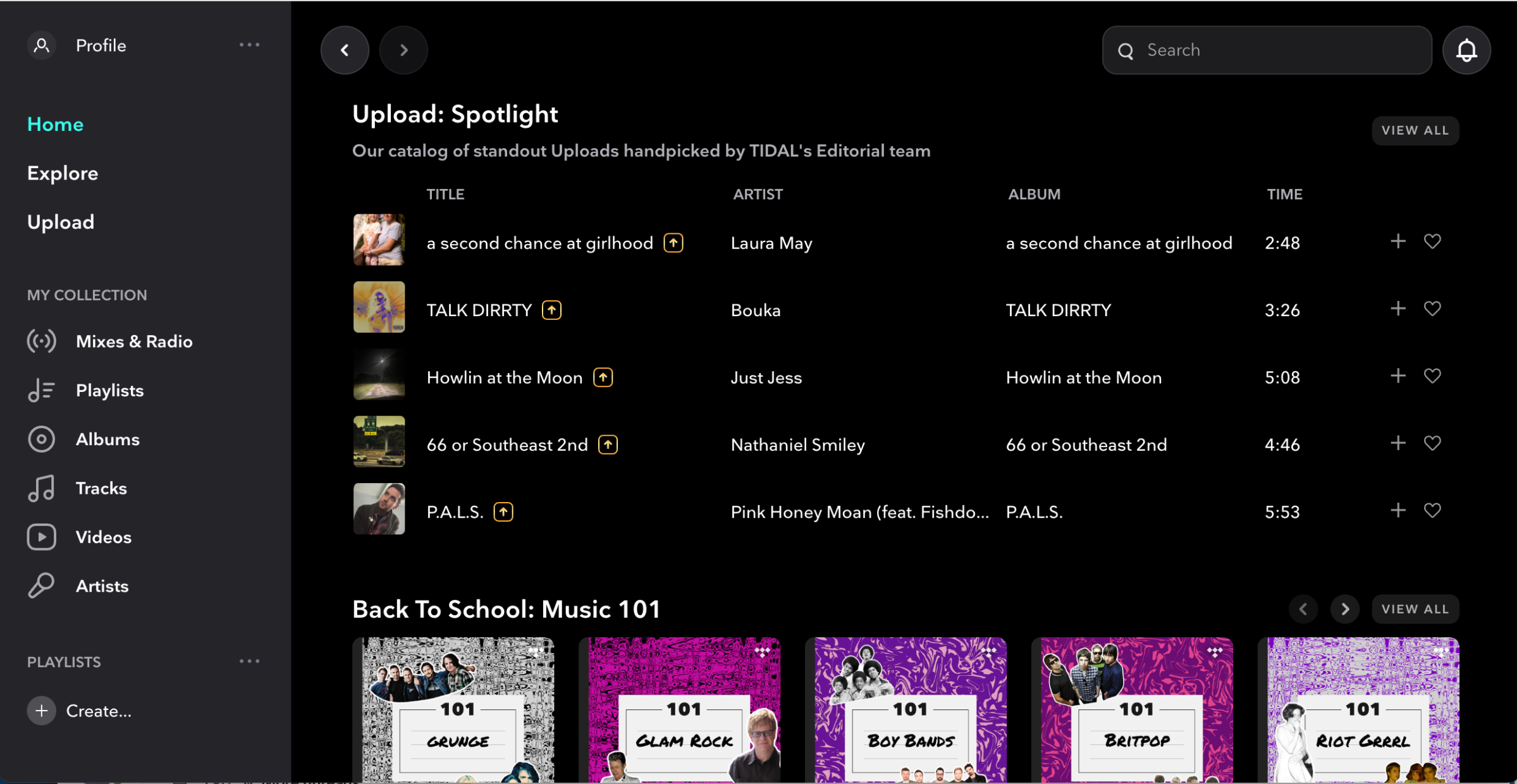 Front page of Tidal, with menu on left and a list of several songs in center headed Upload: Spotlight